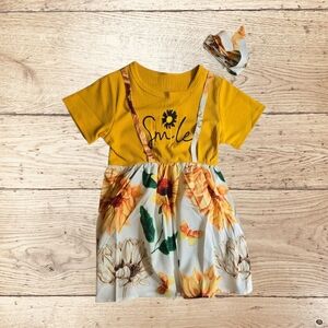 Girls Sunflower Print Dress Yellow Ribbed Knit "Smile" Graphic Summer Sundress